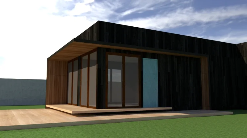 Visualización 3D de vivienda con terraza y grandes ventanales