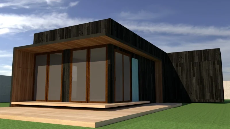 Visualización 3D exterior alternativa de vivienda contemporánea